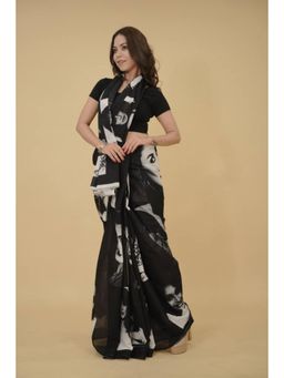 Isadora Life - Womens Printed Black Pre-Draped Saree With Unstitched Blouse