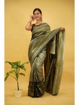Isadora Life - Womens Checks Zari Green Pre-Draped Saree With Unstitched Blouse