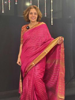 Isadora Life - Womens Checks Zari Pink Pre-Draped Saree With Unstitched Blouse