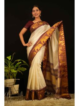 Isadora Life - Womens Checks Zari Ivory Pre-Draped Saree With Unstitched Blouse
