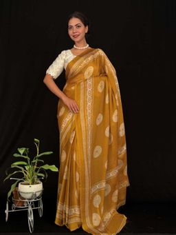 Isadora Life - Womens Block Print Mustard Pre-Draped Saree With Unstitched Blouse