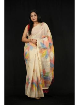 Isadora Life - Womens Printed Beige Pre-Draped Saree With Unstitched Blouse