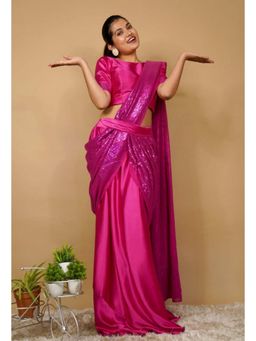 Isadora Life - Womens Sequined Pink Pre-Draped Saree With Unstitched Blouse And Belt