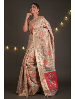 Isadora Life - Womens Printed Beige Pre-Draped Saree With Unstitched Blouse