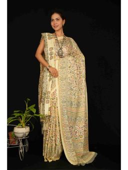 Isadora Life - Womens Floral Printed Cream Pre-Draped Saree With Unstitched Blouse