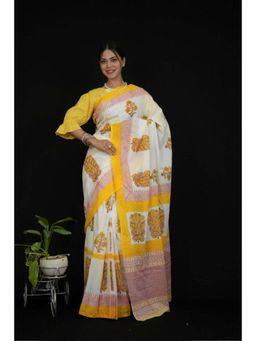 Isadora Life - Womens Floral Printed White Pre-Draped Saree With Unstitched Blouse