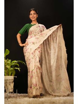 Isadora Life - Womens Floral Embroidered Beige Pre-Draped Saree With Unstitched Blouse