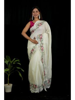 Isadora Life - Womens Floral Embroidered White Pre-Draped Saree With Unstitched Blouse