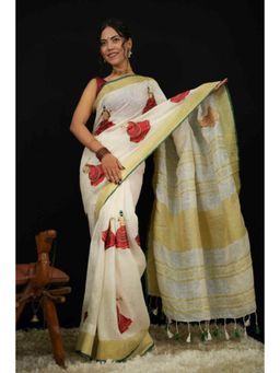 Isadora Life - Womens Woven Tassels White Pre-Draped Saree With Unstitched Blouse