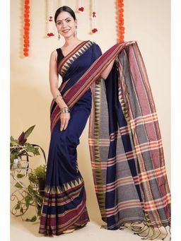 Isadora Life - Womens Woven Tassels Navy Blue Pre-Draped Saree With Unstitched Blouse