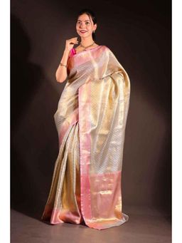 Isadora Life - Womens Woven Zari Beige Pre-Draped Saree With Unstitched Blouse