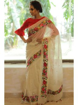 Isadora Life - Womens Floral Embroidered Beige Pre-Draped Saree With Unstitched Blouse