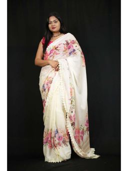 Isadora Life - Womens Embroidered Lace Work White Pre-Draped Saree With Unstitched Blouse