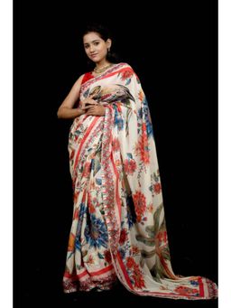 Isadora Life - Womens Floral Printed White Pre-Draped Saree With Unstitched Blouse