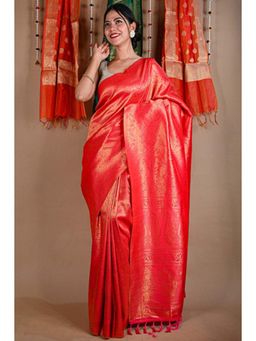 Isadora Life - Womens Paisley Zari Red Pre-Draped Saree With Unstitched Blouse