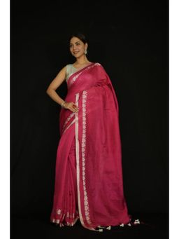 Isadora Life - Womens Solid Tassels Pink Pre-Draped Saree With Unstitched Blouse
