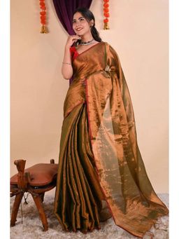 Isadora Life - Womens Solid Tassels Copper Pre-Draped Saree With Unstitched Blouse