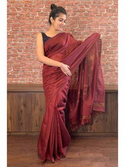 Isadora Life - Womens Woven Tassels Maroon Pre-Draped Saree With Unstitched Blouse