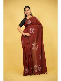 Isadora Life - Womens Printed Tassels Maroon Pre-Draped Saree With Unstitched Blouse
