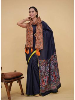 Isadora Life - Womens Paisley Printed Navy Blue Pre-Draped Saree With Unstitched Blouse And Shawl
