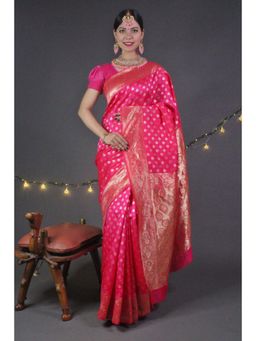 Isadora Life - Womens Woven Zari Pink Pre-Draped Saree With Unstitched Blouse