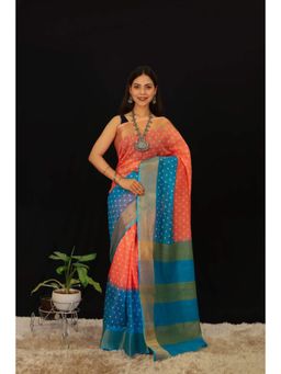 Isadora Life - Womens Zari Printed Orange Pre-Draped Saree With Unstitched Blouse