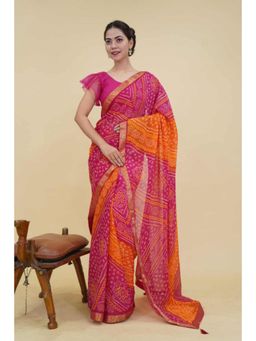Isadora Life - Womens Bandhani Printed Pink Pre-Draped Saree With Unstitched Blouse