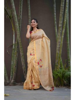 Isadora Life - Womens Embroidered Sequined Beige Pre-Draped Saree With Unstitched Blouse