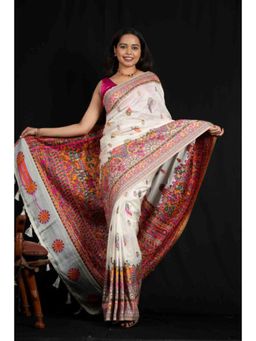 Isadora Life - Womens Printed Tassels White Pre-Draped Saree With Unstitched Blouse
