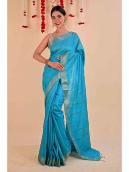 Isadora Life - Womens Stripes Zari Blue Pre-Draped Saree With Unstitched Blouse
