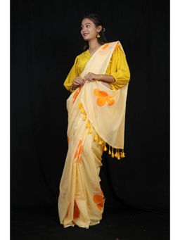 Isadora Life - Womens Floral Printed Yellow Pre-Draped Saree With Unstitched Blouse
