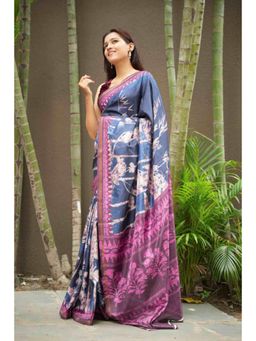 Isadora Life - Womens Floral Printed Navy Blue Pre-Draped Saree With Unstitched Blouse