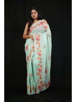 Isadora Life - Womens Floral Printed Blue Pre-Draped Saree With Unstitched Blouse