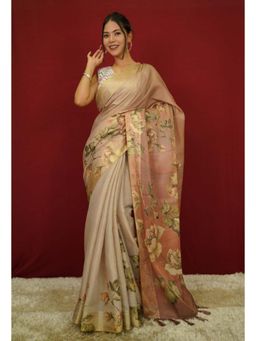 Isadora Life - Womens Floral Tassels Beige Pre-Draped Saree With Unstitched Blouse