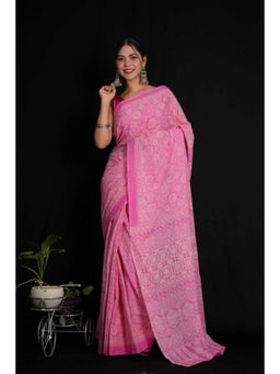 Isadora Life - Womens Printed Pink Pre-Draped Saree With Unstitched Blouse