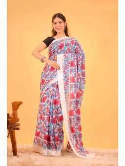 Isadora Life - Womens Floral Printed Multi-Color Pre-Draped Saree With Unstitched Blouse