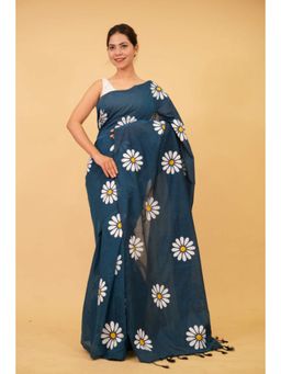 Isadora Life - Womens Floral Tassels Teal Pre-Draped Saree With Unstitched Blouse