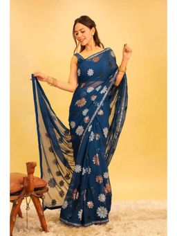 Isadora Life - Womens Floral Sequined Blue Pre-Draped Saree With Unstitched Blouse