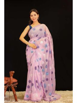 Isadora Life - Womens Floral Sequined Lavender Pre-Draped Saree With Unstitched Blouse