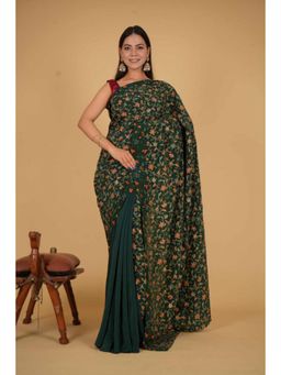 Isadora Life - Womens Floral Embroidered Green Pre-Draped Saree With Unstitched Blouse