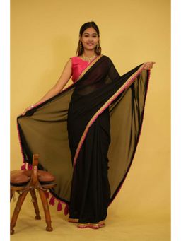 Isadora Life - Womens Solid Tassels Black Pre-Draped Saree With Unstitched Blouse