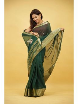 Isadora Life - Womens Embroidered Zari Green Pre-Draped Saree With Unstitched Blouse