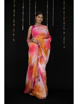 Isadora Life - Womens Abstract Printed Multi-Color Pre-Draped Saree With Unstitched Blouse