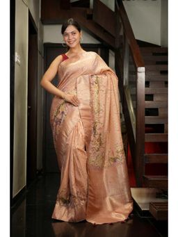 Isadora Life - Womens Woven Zari Beige Pre-Draped Saree With Unstitched Blouse