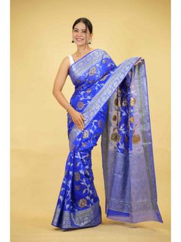 Isadora Life - Womens Woven Zari Blue Pre-Draped Saree With Unstitched Blouse