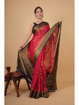 Isadora Life - Womens Woven Zari Pink Pre-Draped Saree With Unstitched Blouse