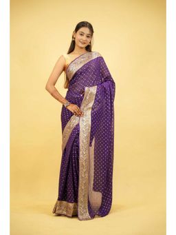 Isadora Life - Womens Woven Zari Purple Pre-Draped Saree With Unstitched Blouse