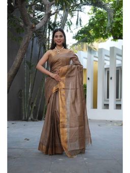 Isadora Life - Womens Solid Tassels Brown Pre-Draped Saree With Unstitched Blouse
