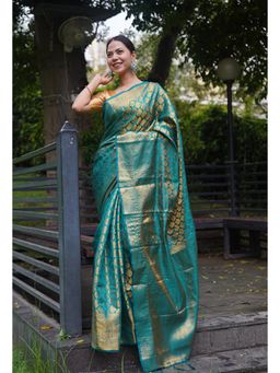 Isadora Life - Womens Woven Zari Blue Pre-Draped Saree With Unstitched Blouse