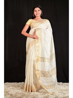Isadora Life - Womens Stripes Zari Ivory Pre-Draped Saree With Unstitched Blouse